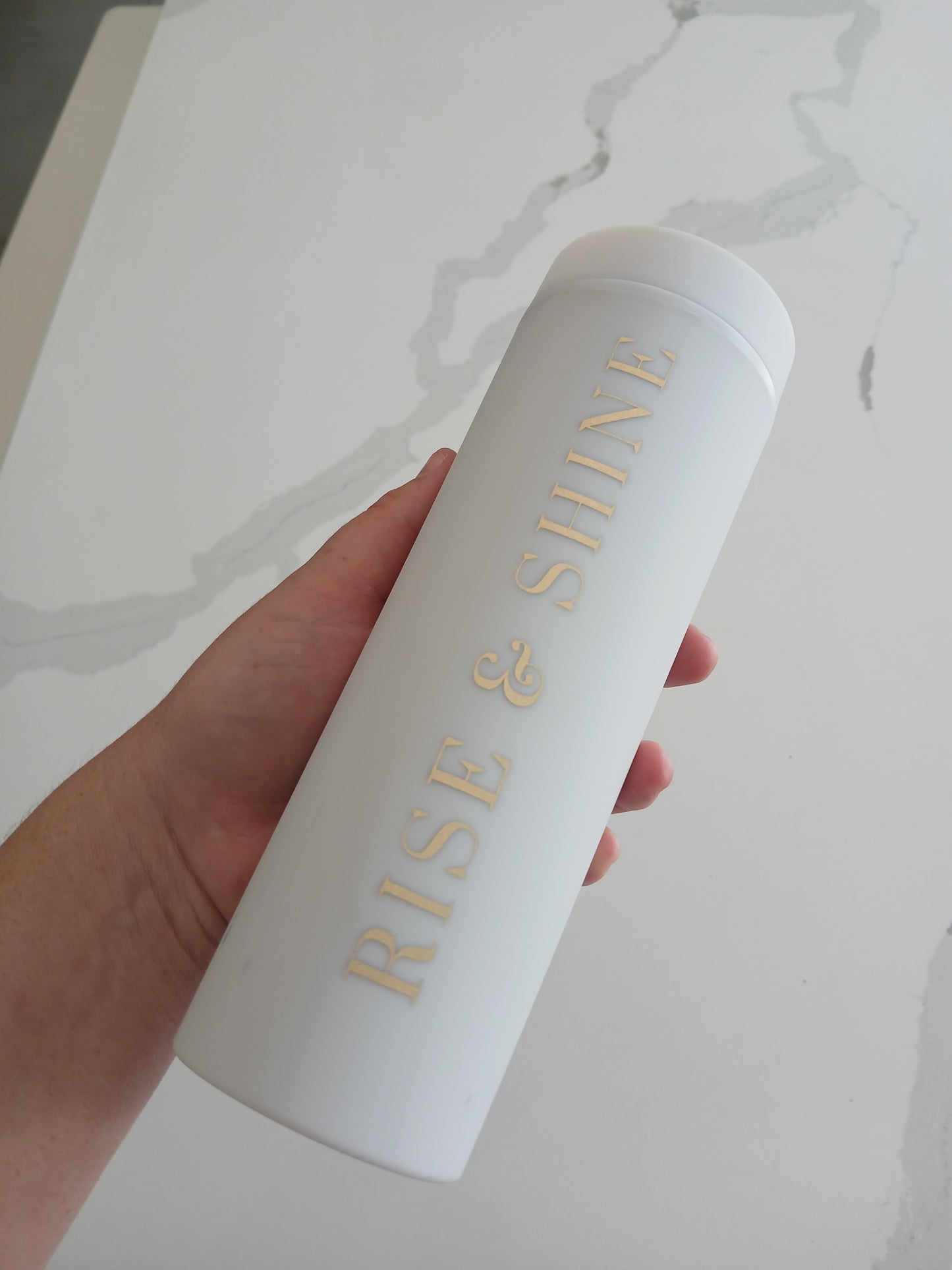 Water Bottle. Matt White with Gold vinyl Wording.