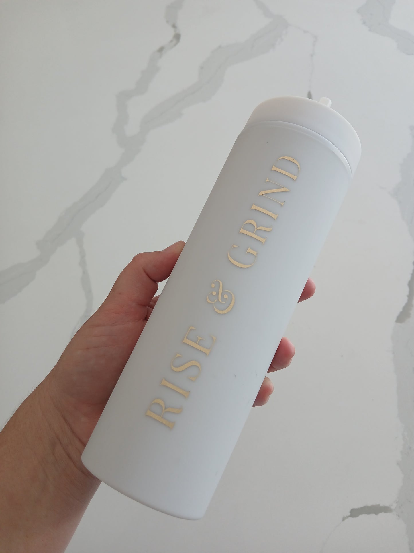 Water Bottle. Matt White with Gold vinyl Wording.